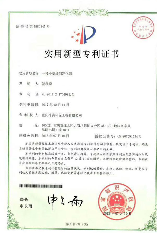 一种小型油烟净化器，油烟净化系统